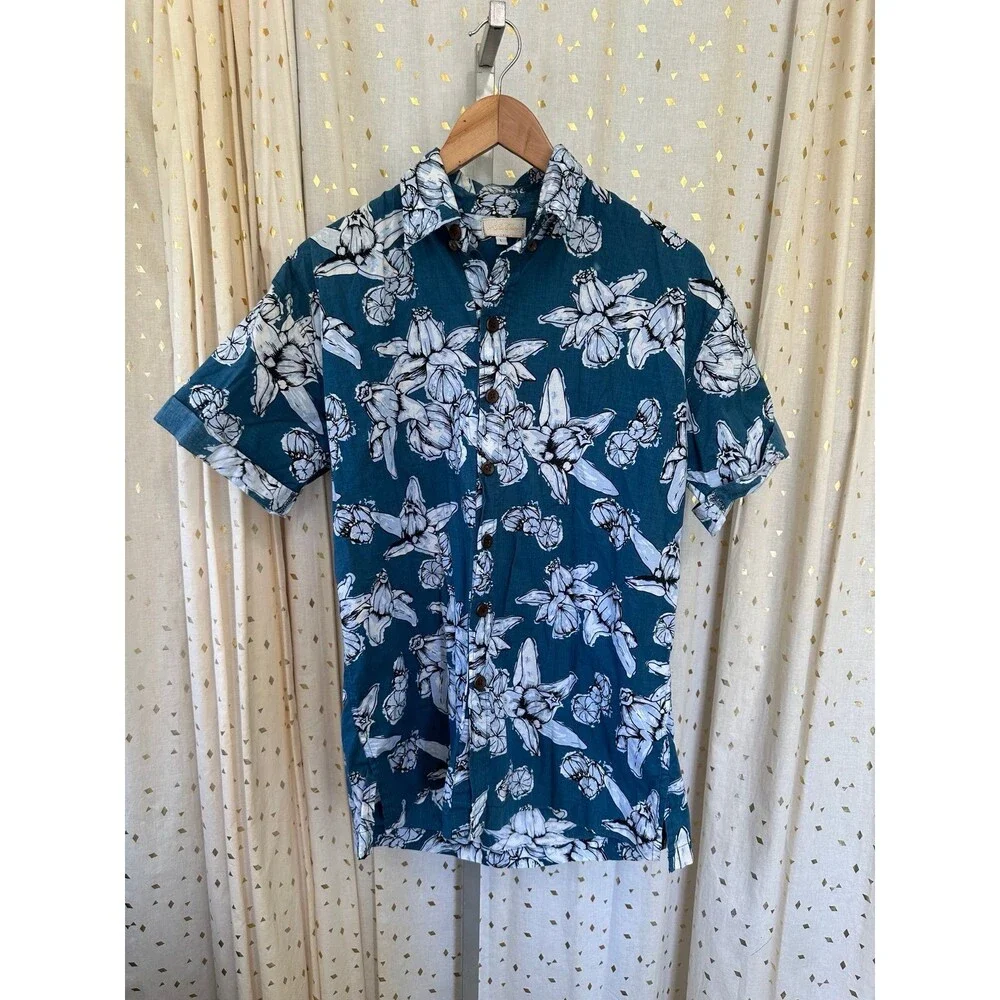 Kahulale'a Men's 100% Cotton Hawaiian Designer Floral Button Down Shirt L